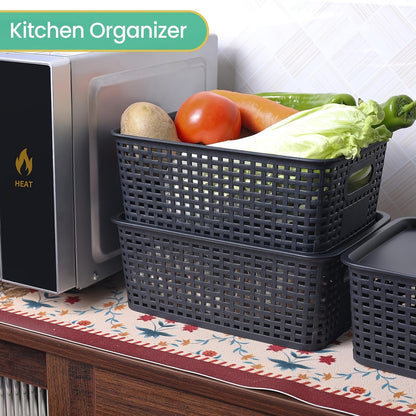 Storage Bins with Lids 4/8pcs Space-Saving Organizer 10"x7"x4" – Shelf Closet Desk Organizer for Dorm Playroom Office, Includes File Organizer Bag, White Black Gray Red