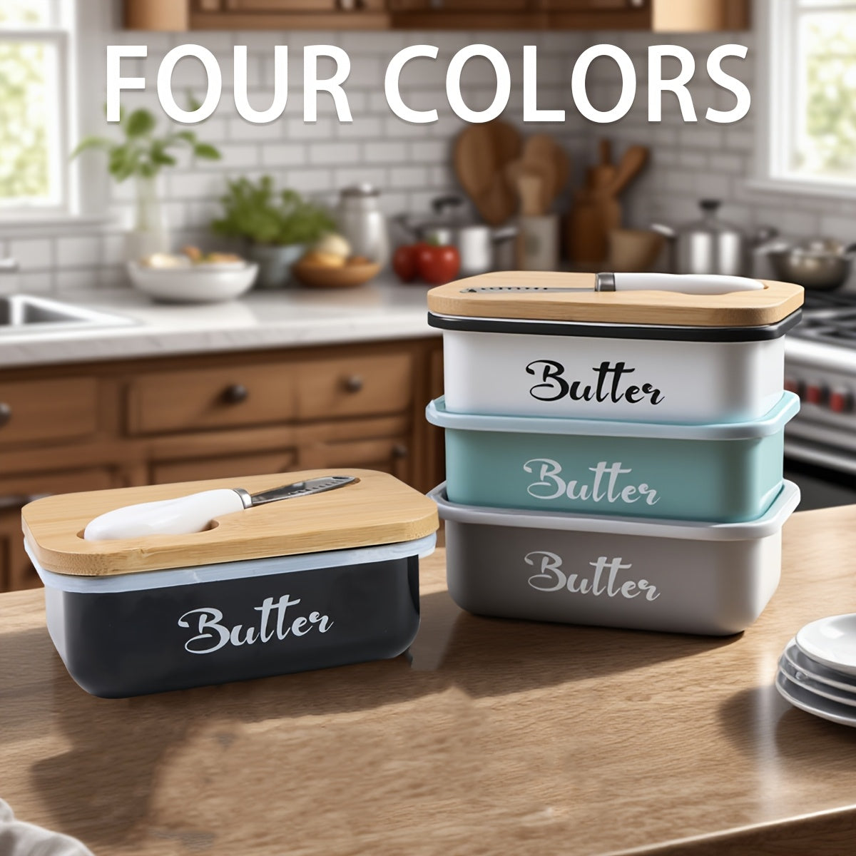 Butter Dish with Bamboo Lid and Knife – Airtight Iron Butter Keeper & Cheese Storage Box, Large Capacity, Elegant Holiday Serving Dish for Kitchen Table, Mother's Day & Christmas Gift, Black/Grey/Green