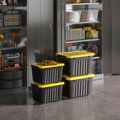 Storage Bins with Lids and Wheels Stackable 72Qt 97Qt Heavy Duty 220LB Capacity 4 6 Pack Plastic Storage Boxes for Home Garage Basement Clear Blue Black
