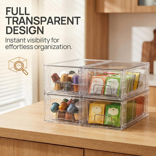 Clear Acrylic Stackable Storage Drawers with Handles – Refrigerator & Pantry Organizer Bins for Fridge, Kitchen Cabinet, Bathroom, Under Sink – 4, 6, 8, 10 Pack