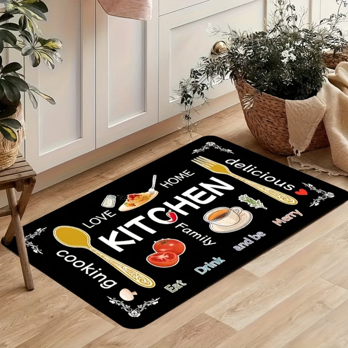 Kitchen Rug Mat Set 3 Piece – Egg Beater Knife Fork Themed Non-Slip Decorative Floor Mats for Kitchen, Bathroom, Bedroom & Living Room