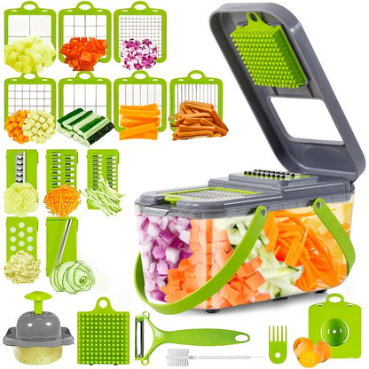 Vegetable Chopper 22-in-1 Pro - Multifunctional Food Dicer Slicer with 14 Blades, Drain Basket & Storage Container, Kitchen Mandoline Cutter for Onion Salad Fruit