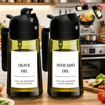 Olive Oil Dispenser Bottle Set of 2 - 16oz 480ml Borosilicate Glass Oil Bottle with Drizzle & Spray Function, Light-Blocking Dark Green & Clear Glass for Kitchen Cooking Salad Dressing