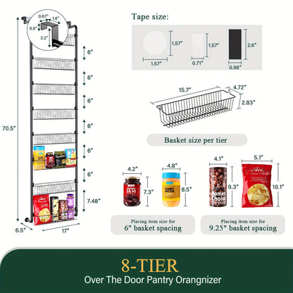 Over The Door Organizer, Heavy-Duty Metal Pantry Rack with 6 or 8 Shelves – Space-Saving Multi-Level Storage for Kitchen, Bathroom & Laundry Room, Spice Rack & Cabinet Door Hanging Shelf, Black or White