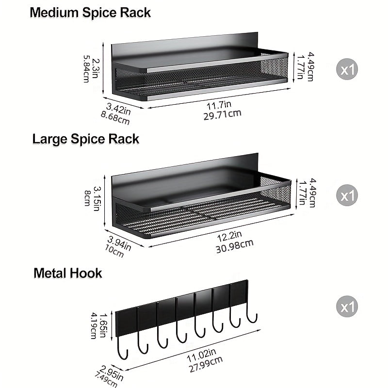 Magnetic Spice Rack for Refrigerator - Movable Metal Fridge Shelf Organizer with 8 Hooks, Multi-Purpose Magnetic Seasoning Rack for Kitchen Side Wall Storage, Space-Saving, Black White 3 5 Pack
