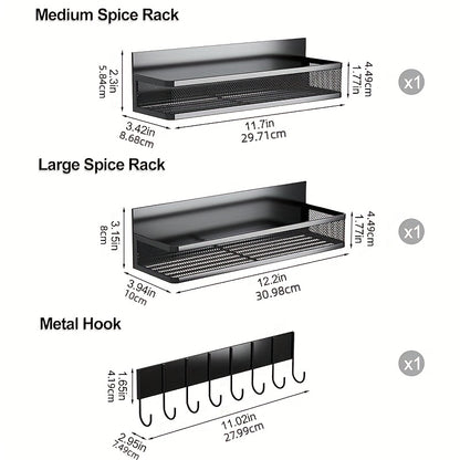 Magnetic Spice Rack for Refrigerator - Movable Metal Fridge Shelf Organizer with 8 Hooks, Multi-Purpose Magnetic Seasoning Rack for Kitchen Side Wall Storage, Space-Saving, Black White 3 5 Pack