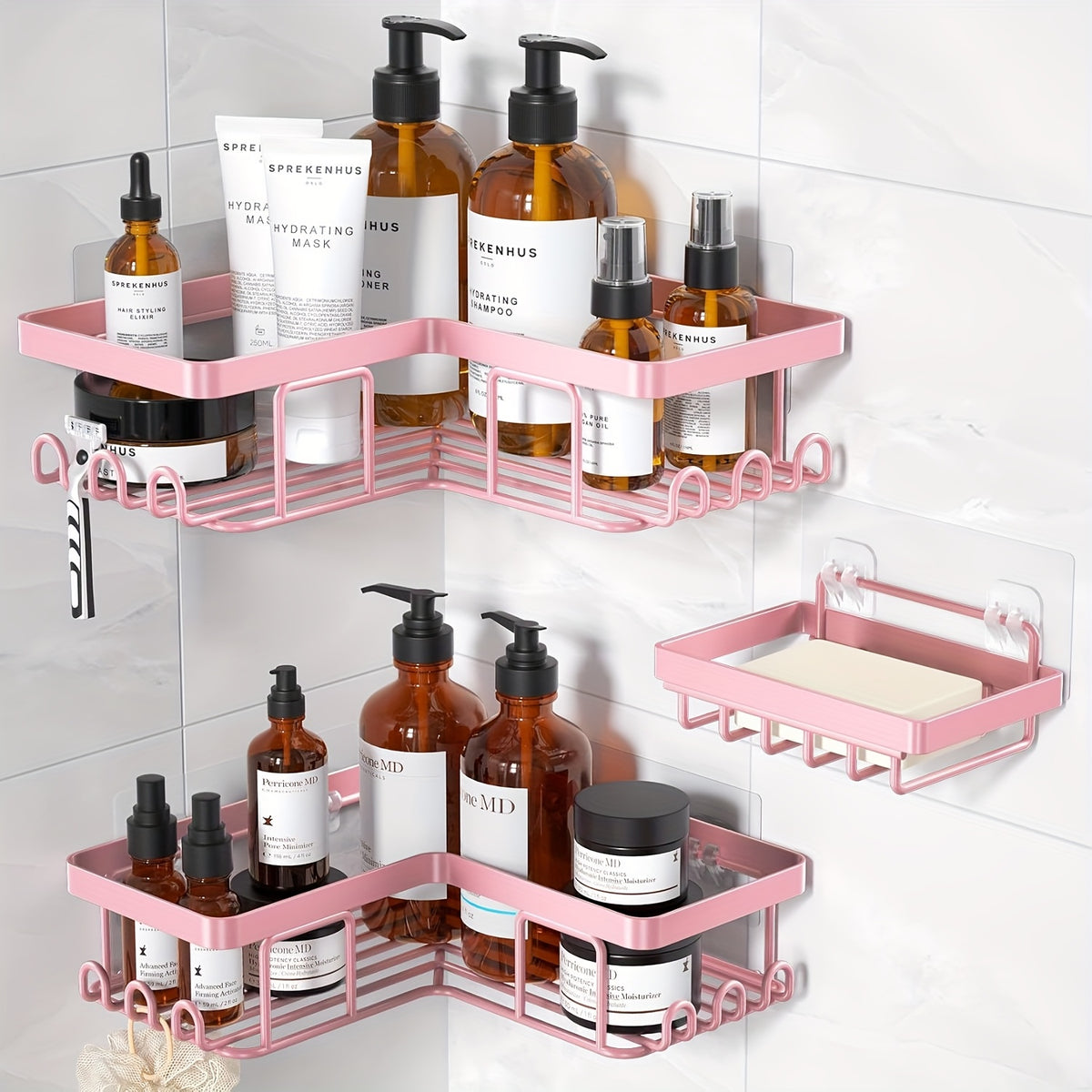 Corner Adhesive Shower Caddy 3 Pack – No Drill Wall Mounted Shower Organizer with Soap Holder & 12 Hooks, Rustproof Stainless Steel Bathroom Shelf, 8 Colors