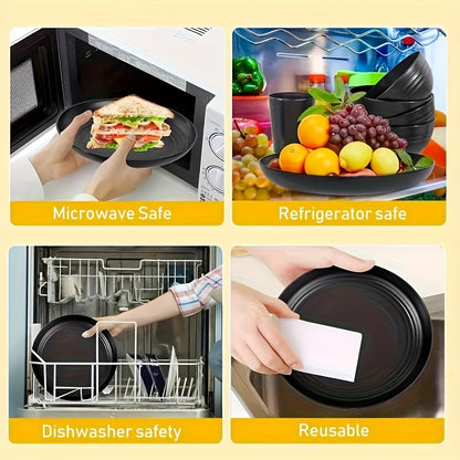 Wheat Straw Dinnerware Set 16 or 32 Piece Unbreakable for 4 or 8 People, Eco-Friendly Plates Bowls Cups Dishwasher Microwave Safe, Lightweight Camping Outdoor Indoor Dinnerware, Black Colorful