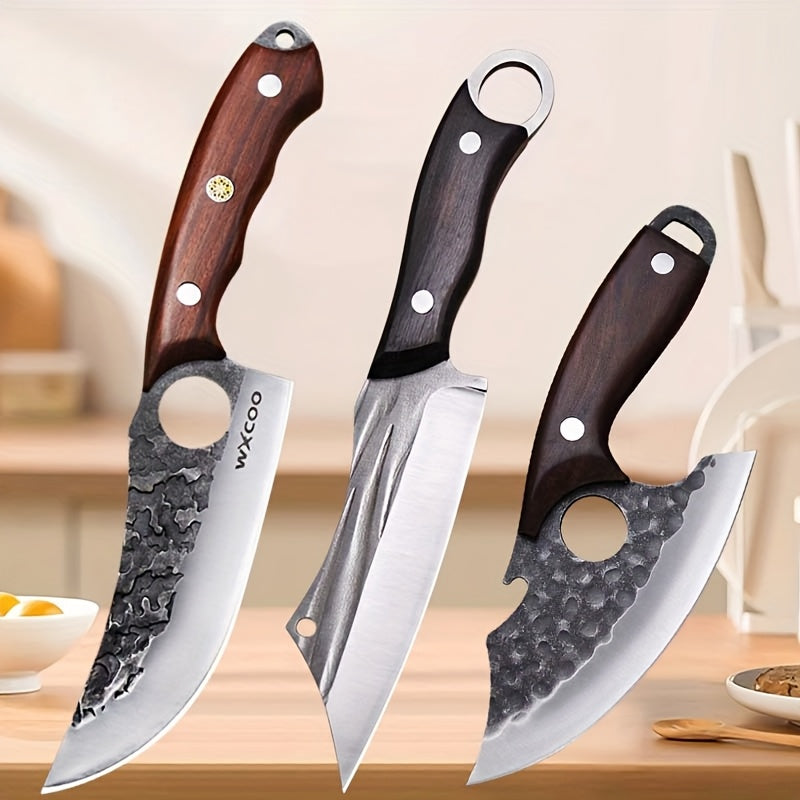 Viking Chef Knife Set 3-4 Piece, Stainless Steel Kitchen Knife Set with Hammered Blade, Professional Boning Utility Fish Knife Set for Cooking Camping BBQ, Sharp Full Tang Knives Gift for Men Women
