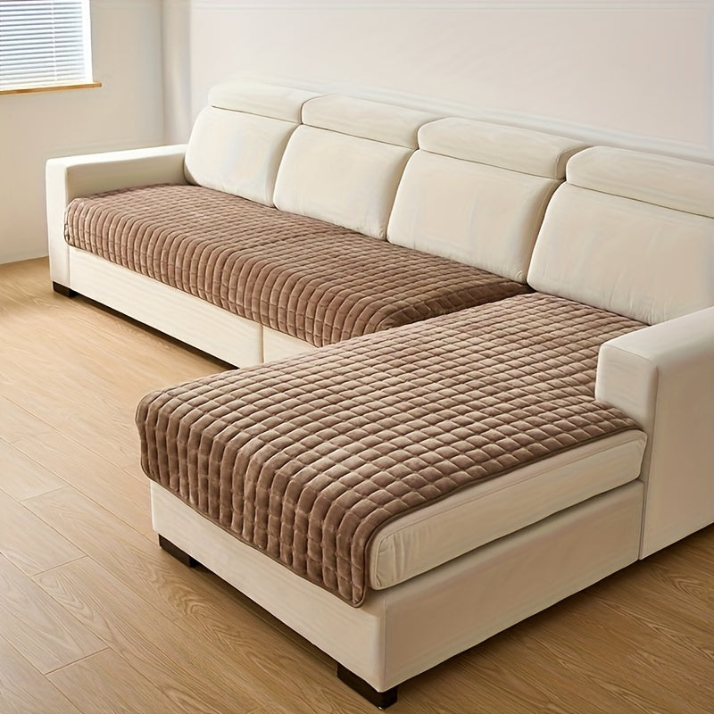 Quilted Sofa Cover 2 Piece Set, Flannel Velvet Couch Cover Furniture Protector, Soft Pet-Friendly Sofa Slipcover for Living Room Bedroom Office, All Season Machine Washable in White Gray Brown Khaki