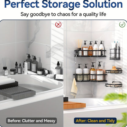 Corner Shower Caddy 5 Pack with Soap Holder & 4 Removable Hooks – No Drilling Suction Cup Shower Shelf, Rustproof Stainless Steel Bathroom Organizer for Inside Shower | 8 Colors