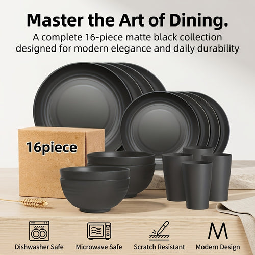 Wheat Straw Dinnerware Set 16/32 Piece, Unbreakable Plastic Plates Bowls Cups for Camping Outdoor Picnic, BPA-Free Lightweight Tableware for 4/8 People, Dishwasher Safe Kitchen Dining Set Black Colorful
