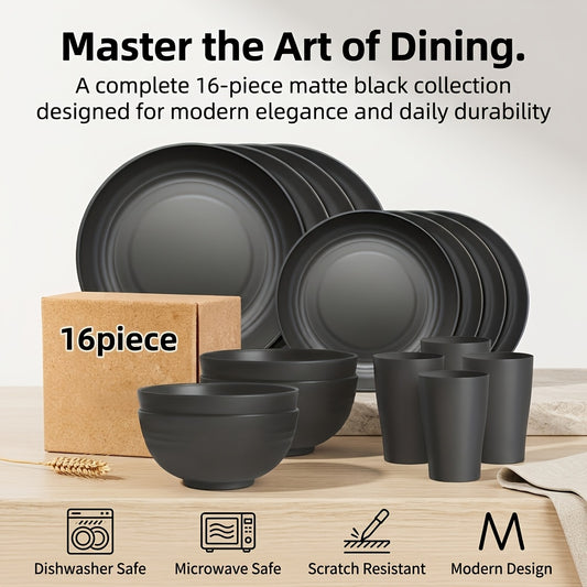 Wheat Straw Dinnerware Set 16/32 Piece, Unbreakable Plastic Plates Bowls Cups for Camping Outdoor Picnic, BPA-Free Lightweight Tableware for 4/8 People, Dishwasher Safe Kitchen Dining Set Black Colorful