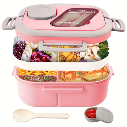 Bento Lunch Box Set with Bag and Cup, 2-Layer Multi-Compartment Meal Prep Container for School Office Picnic, Leakproof Food Storage Box with Insulated Lunch Bag, Pink Blue Green White