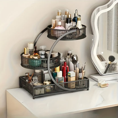 Metal Mesh Makeup Organizer 2 or 3 Tier Countertop – No-Installation Spiral Vanity Shelf for Cosmetics Skincare Lipstick, Varnished Finish Space-Saving Bathroom Organizer with Makeup Brush Bucket
