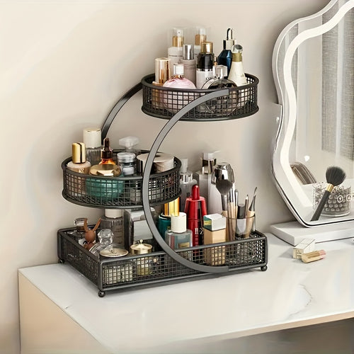 Metal Mesh Makeup Organizer 2 or 3 Tier Countertop – No-Installation Spiral Vanity Shelf for Cosmetics Skincare Lipstick, Varnished Finish Space-Saving Bathroom Organizer with Makeup Brush Bucket