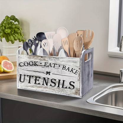 Rustic Wooden Kitchen Utensil Organizer with 3 Compartments – Countertop or Wall Mount Utensil Holder with Handle for Cooking, Dining & Baking Tools, White & Black Kitchen Storage