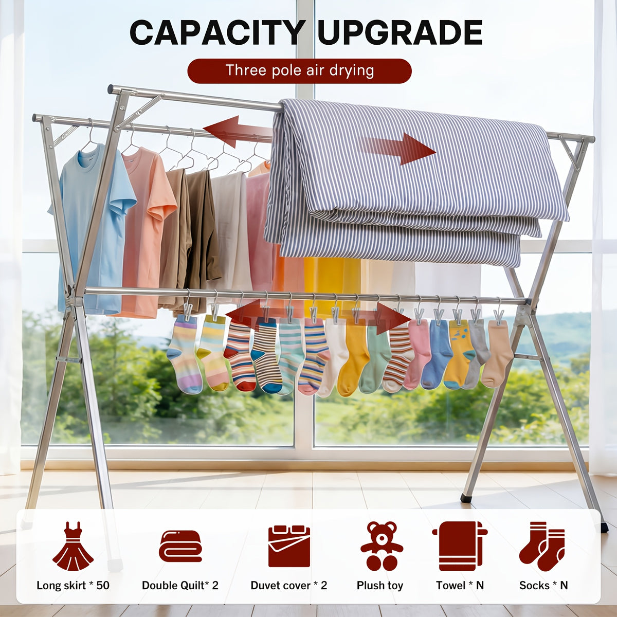 Foldable Clothes Drying Rack 3-Bar – Retractable Stainless Steel Laundry Drying Rack for Indoor & Outdoor Use, Heavy Duty Collapsible Clothesline, 63” / 79” / 95” Adjustable Length