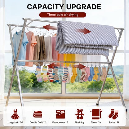 Foldable Clothes Drying Rack 3-Bar – Retractable Stainless Steel Laundry Drying Rack for Indoor & Outdoor Use, Heavy Duty Collapsible Clothesline, 63” / 79” / 95” Adjustable Length