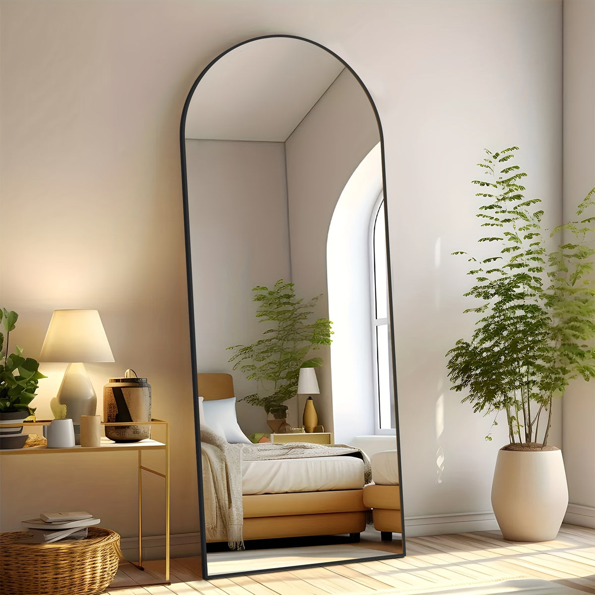 Full Length Mirror Floor Standing with LED Lights – Arched & Rectangle Aluminum Frame Dressing Mirror for Bedroom & Living Room, Black Gold White, 16x59 / 21x64 / 26x71 Inch