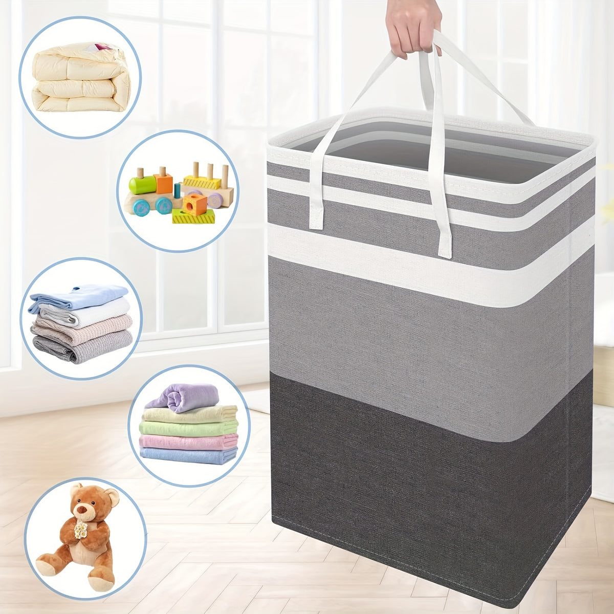 Collapsible Laundry Hamper Set of 3 with Easy Carry Handles, Freestanding Tall Clothes Basket 75L 100L for Bedroom Dorm Bathroom, Foldable Fabric Laundry Baskets