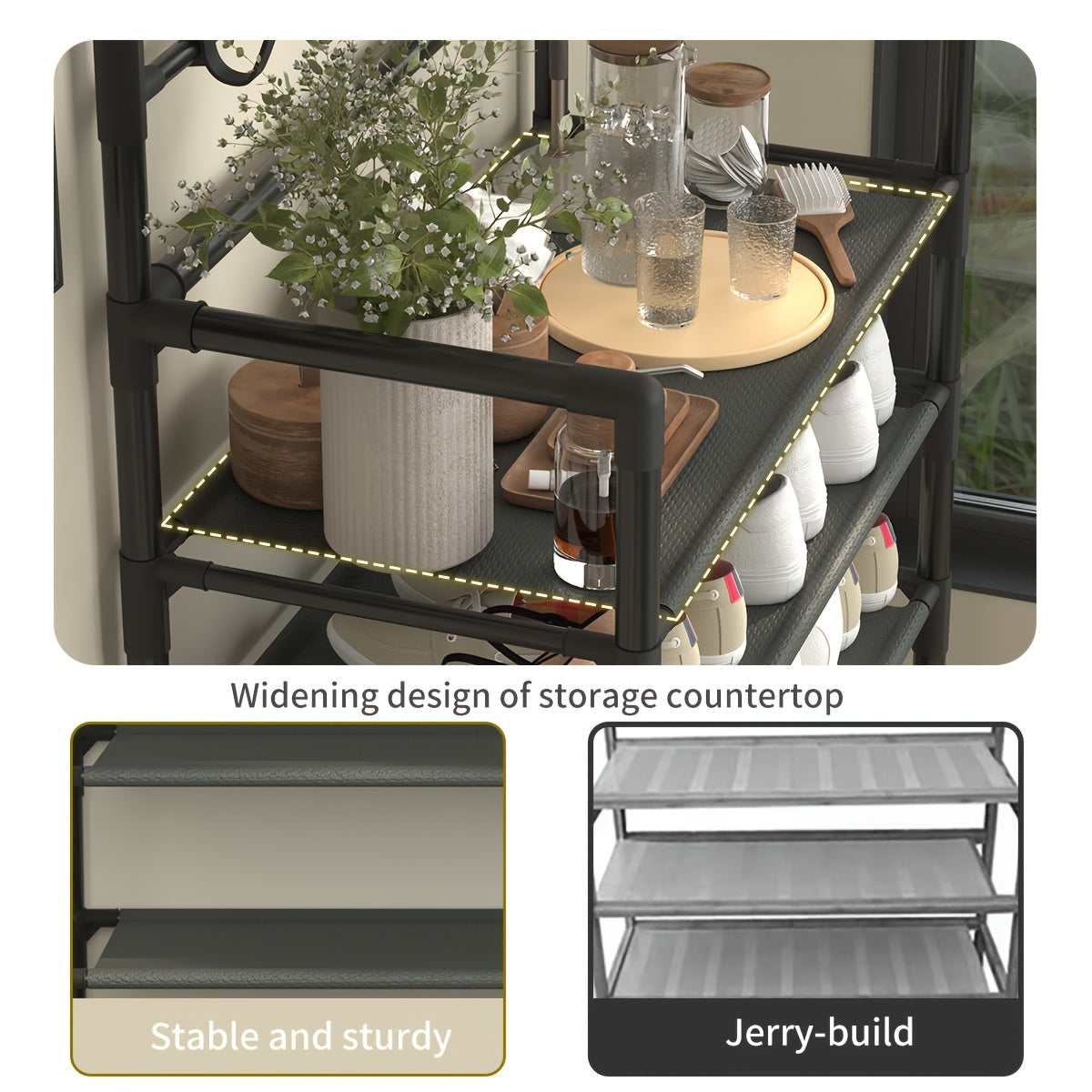 Shoe Rack Organizer with 8 Hooks Multi-Layer - Free Standing Shoe Storage Shelf for Entryway, Closet & Bedroom, Space-Saving Vertical Shoe Tower with Hat & Coat Hooks, 3 or 5 Tier Black