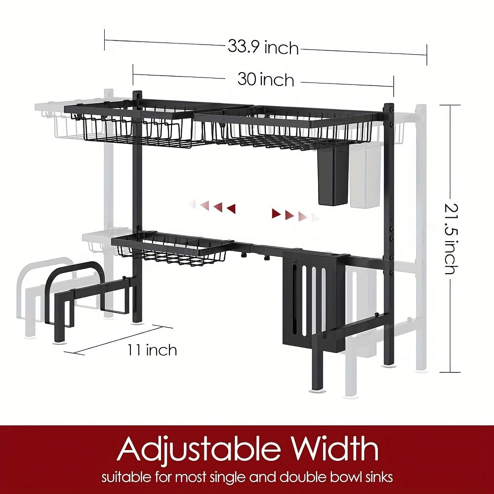 Over Sink Dish Drying Rack 2 Tier Expandable - 304 Stainless Steel Kitchen Dish Rack with Drainage Tray Utensil Holder Knife Holder Cutting Board Holder, Adjustable 30-34 Inch Black