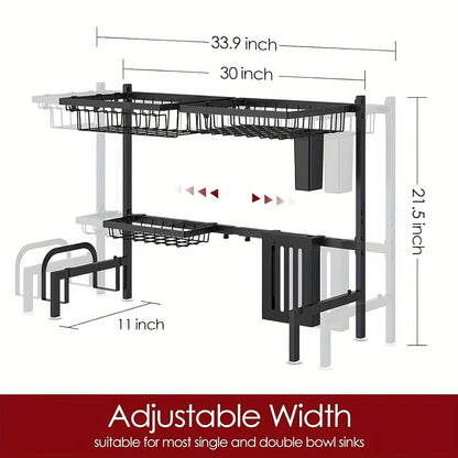 Over Sink Dish Drying Rack 2 Tier Expandable - 304 Stainless Steel Kitchen Dish Rack with Drainage Tray Utensil Holder Knife Holder Cutting Board Holder, Adjustable 30-34 Inch Black