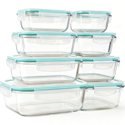 Glass Food Storage Set 16-Piece – 8 Borosilicate Glass Containers + 8 Airtight Lids Leak-Proof Microwave Oven Refrigerator & Dishwasher Safe Meal Prep Lunch Boxes for Office Home