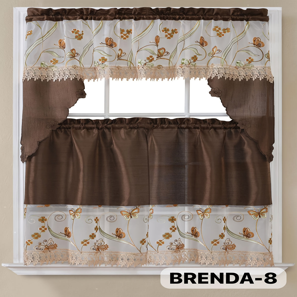 Kitchen Curtains Set 3 Piece with Embroidery – Satin Fabric Valance and Tier Curtains for Kitchen Windows, 49 Colors, Light Filtering, Rod Pocket, Machine Washable