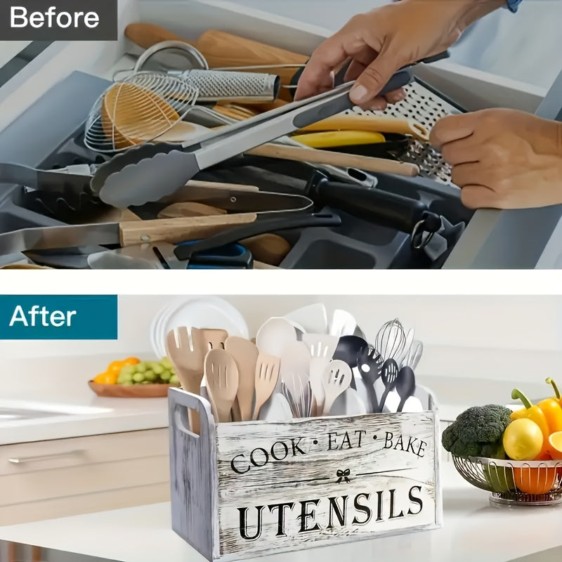 Rustic Wooden Kitchen Utensil Holder 3-Compartment Countertop or Wall Mount Organizer - Wood Utensil Caddy for Cooking Dining Baking Tools Spatulas Spoons Knives Black White