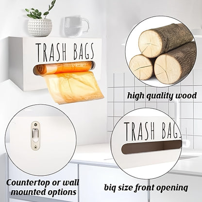 Wood Garbage Bag Dispenser One-Touch Operation Storage Box for Kitchen Bathroom Living Room – Countertop Trash Bag Organizer Holder, No Manual Refills, Modern Wood Design, 2 Colors Available