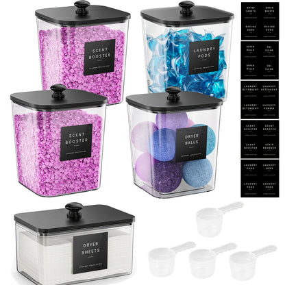 Laundry Pods Container Set with Bamboo Lid, Dryer Sheet Holder & Labels – Clear Laundry Room Organization Canisters for Scent Booster, Powder & Detergent Pods, 2/3/4-Pack