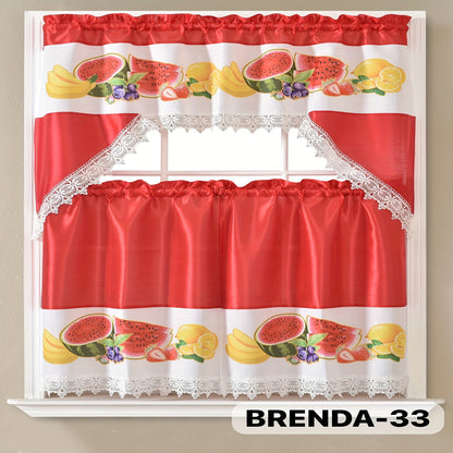 Kitchen Curtains Set 3 Piece with Embroidery – Satin Fabric Valance and Tier Curtains for Kitchen Windows, 49 Colors, Light Filtering, Rod Pocket, Machine Washable