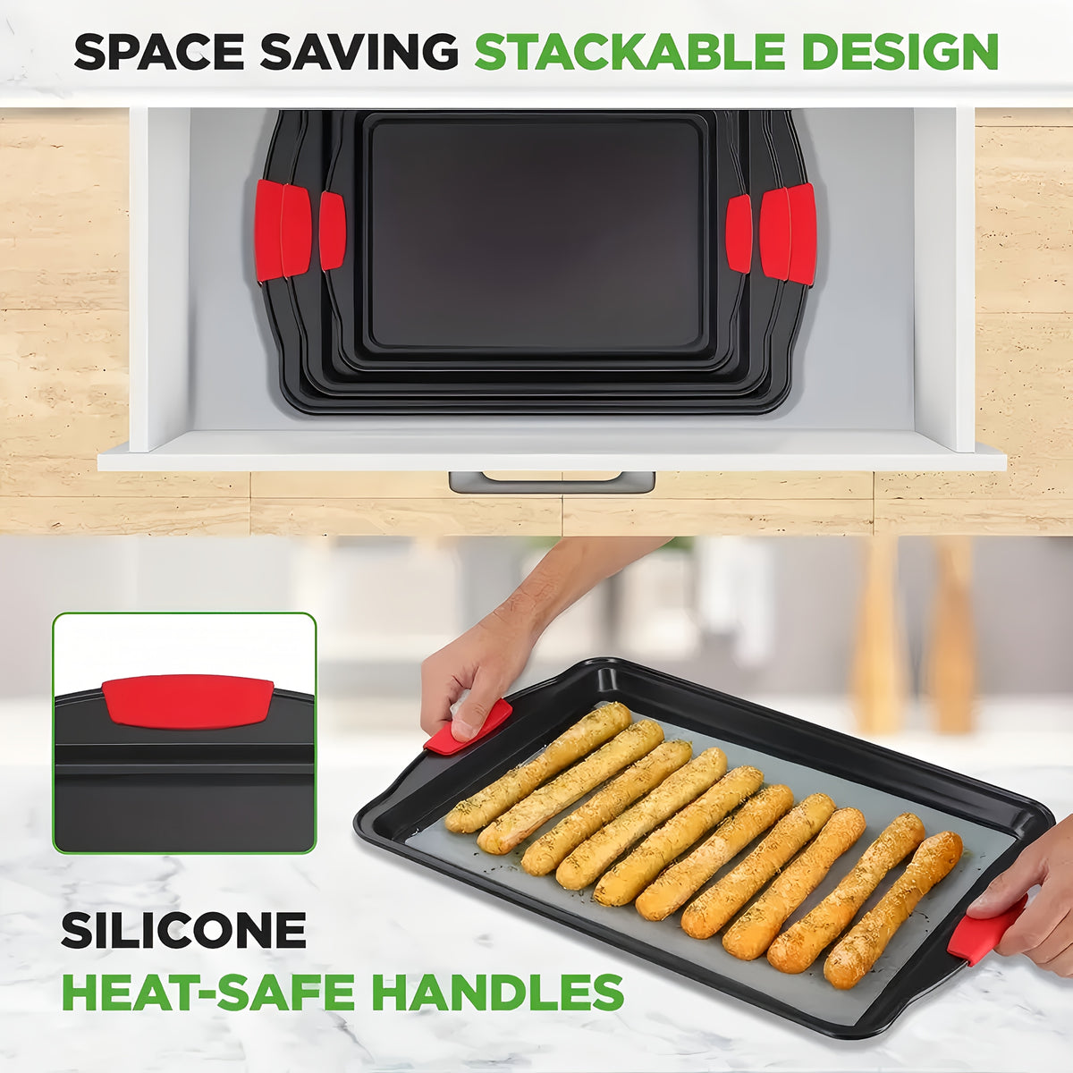 Carbon Steel Non-Stick Baking Pan Set Oven Safe Double-Sided Non-Stick Coating Red Silicone Handle – Commercial Grade Toaster Oven Pan Professional Kitchenware for Baking Roasting Gray