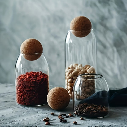 Glass Storage Jars with Cork Lids 3 Pack 17oz 500ml Round Airtight Containers for Kitchen Pantry Tea Nuts Candy Flowers, Reusable Glass Canisters with Spherical Cork Stopper Kitchen Organization