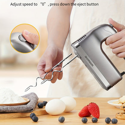 Electric Hand Mixer with Storage Case, 5-Speed Plus Turbo Handheld Mixer, 5 Stainless Steel Attachments – 2 Beaters, 2 Dough Hooks & 1 Whisk, 250W Power, Blue, Black, White & Silver