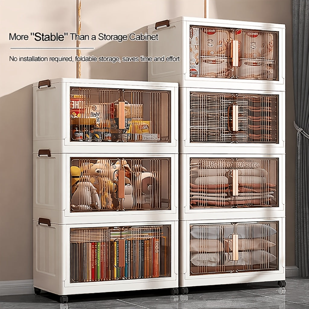 Folding Storage Cabinet with Wheels & Lids – 3/4/5-Tier Extra Large Stackable Plastic Storage Bins Organizer, Translucent Magnetic Doors, for Home, Office, Kitchen, Bathroom, Garage