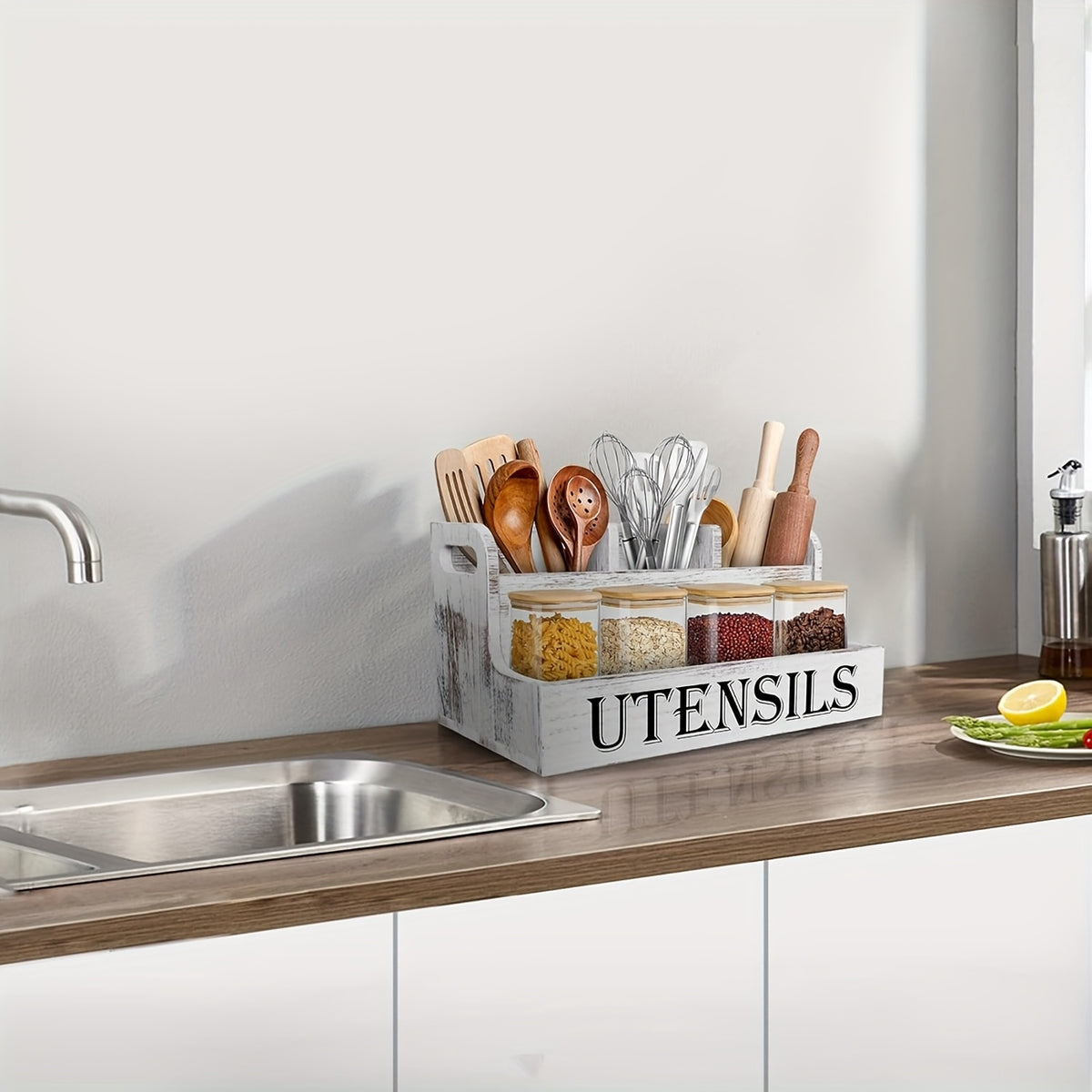 Extra Large Kitchen Utensil Organizer 4 Compartments Wooden Countertop Utensil Holder - Farmhouse Rustic Kitchen Storage for Cooking Utensils Spatulas Spoons - White Black