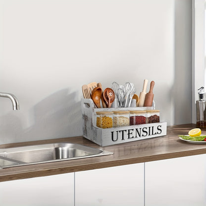 Extra Large Kitchen Utensil Organizer 4 Compartments Wooden Countertop Utensil Holder - Farmhouse Rustic Kitchen Storage for Cooking Utensils Spatulas Spoons - White Black