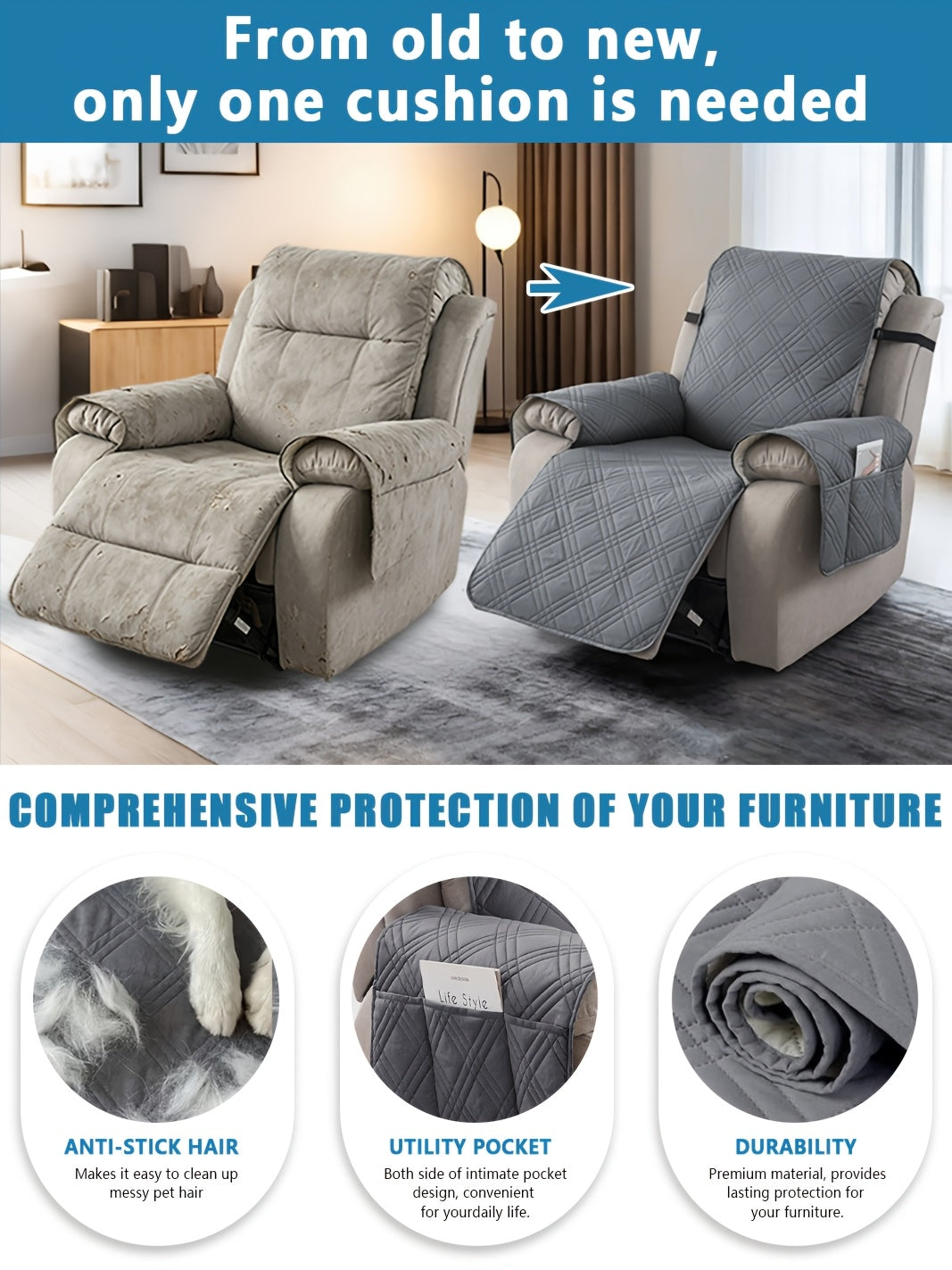 Waterproof Recliner Chair Cover Non-Slip with Pocket & Pet Scratch Protection – Washable Sofa Slipcover Furniture Protector for Living Room, Bedroom, Multi-Color Options