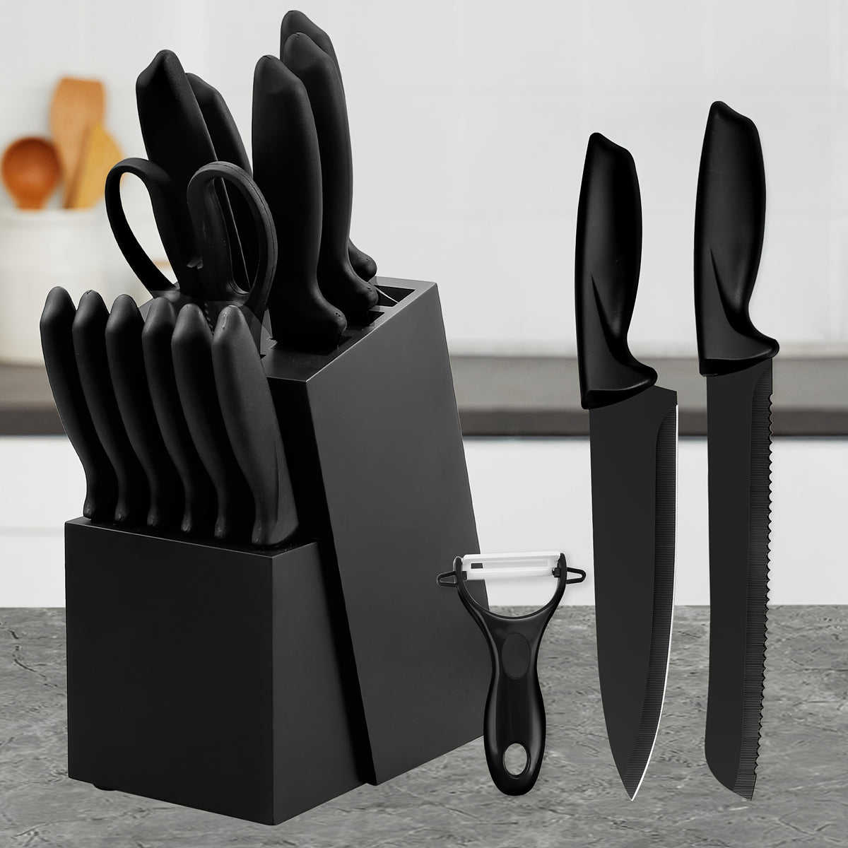 Knife Block Set with Self Sharpener 15pcs Hammered Stainless Steel Chef Knife Set with Wooden Block Steak Knives Self Sharpening Kitchen Knives Gift for Men Family