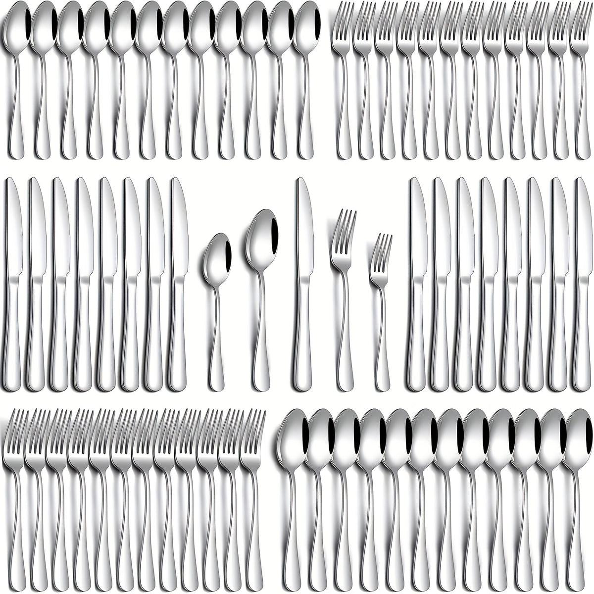 Stainless Steel Flatware Set 24/60 Piece for 4/12 People, Silverware Set with Gift Box Includes Steak Knives Salad Forks Dessert Spoons, Dishwasher Safe Cutlery Set for Home Wedding Camping Christmas, Silver Black