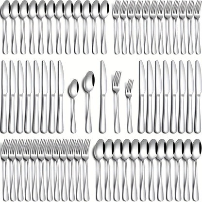 Stainless Steel Flatware Set 24/60 Piece for 4/12 People, Silverware Set with Gift Box Includes Steak Knives Salad Forks Dessert Spoons, Dishwasher Safe Cutlery Set for Home Wedding Camping Christmas, Silver Black