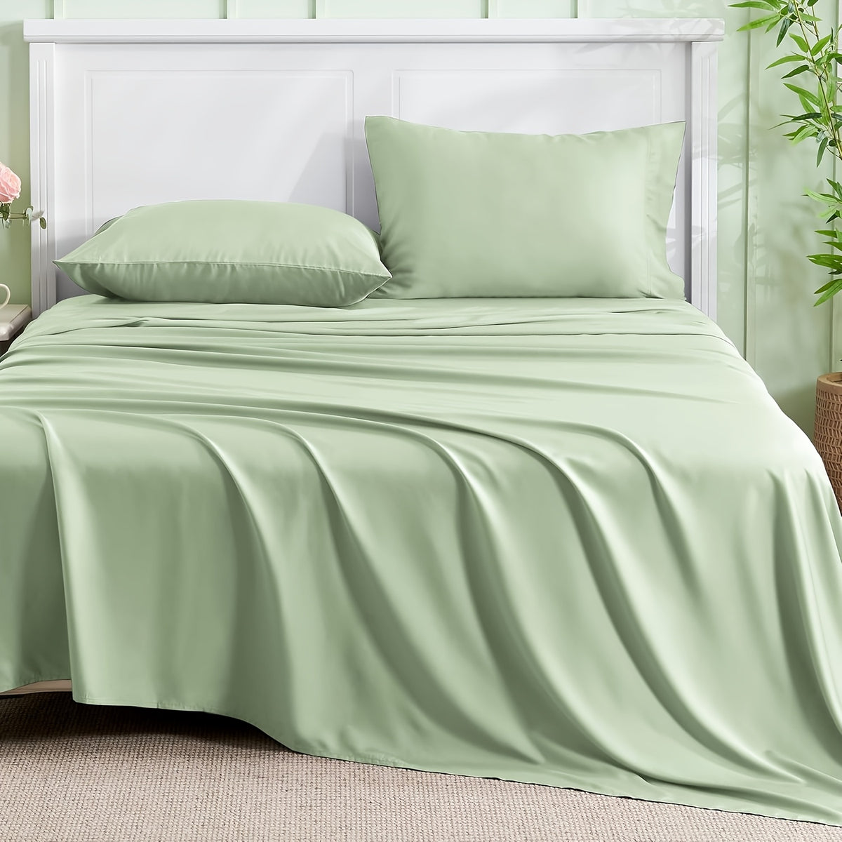 Cooling Bamboo Bed Sheet Set 4-Piece 2200TC – 16" Deep Pocket Silky Soft Breathable Luxury Bedding Flat Sheet Fitted Sheet & Pillowcases Twin Full Queen King in 11 Colors