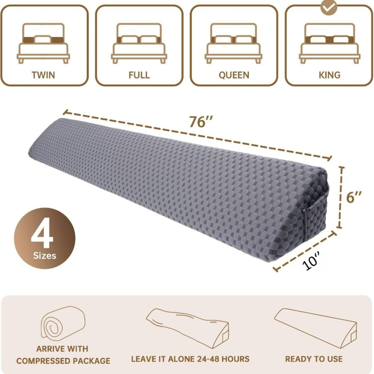 Bed Wedge Pillow Headboard Gap Filler Memory Foam – Mattress Gap Filler for Headboard & Wall, Removable Tie-Dye Cover, Twin Full Queen King Sizes, Dorm & Bedroom Sleeping Support, Gray & White