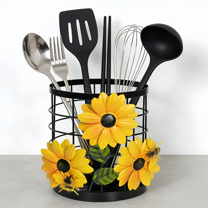 Sunflower Flatware Storage Basket Kitchen Countertop Organizer, Open Utensil Holder Caddy for Silverware Spoons Forks Knives, Farmhouse Kitchen Decor Storage & Organization