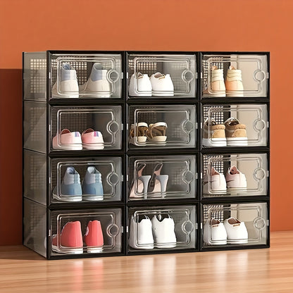 Stackable Shoe Boxes Clear Plastic with Lid Foldable Sneaker Storage Organizer – Space-Saving Transparent Shoe Rack Containers for Entryway & Bedroom, 6, 12 & 24 Pack in White, Black & Grey