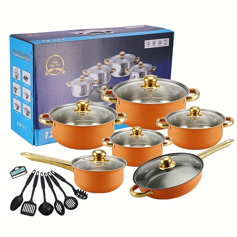 Stainless Steel Cookware Set 12-Piece 304 Non-Stick Induction Compatible Pots & Pans with Lids and Dual Handles for Soup, Hot Pot, Pasta, Seafood & Rice – Orange or Natural