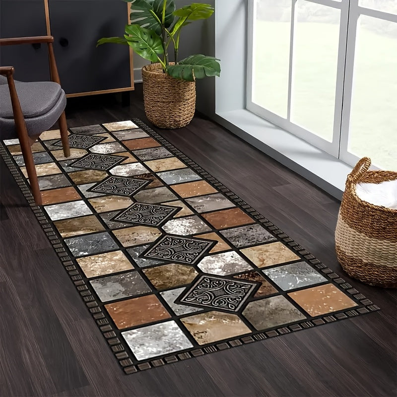 Crystal Velvet Kitchen Mat Non-Slip – Luxury Marble Pattern Machine Washable Polyester Rug for Kitchen Bathroom Bedroom Corridor, White Beige Brown, Multiple Sizes